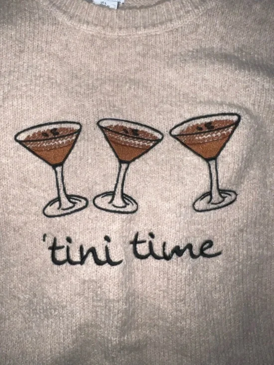 Nicole Miller Cream Crewneck Sweater with Martini Embroidery - Picture 2 of 4